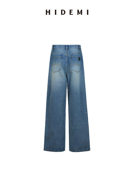HIDEMI 多重水洗牛仔蓝做旧感中腰大阔腿单宁牛仔裤 商品图11
