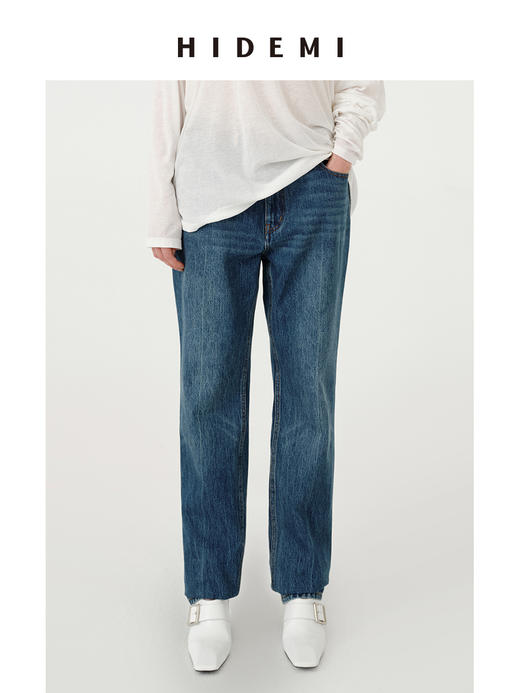 HIDEMI都市单宁系列多重水洗猫须做旧牛仔蓝直筒牛仔裤 商品图0