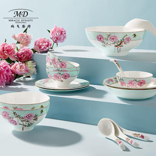 【6F】玛戈隆特 骨瓷餐具套装碗碟套装中式轻奢家用碗盘碟6人份32头中国花园国补 商品图5