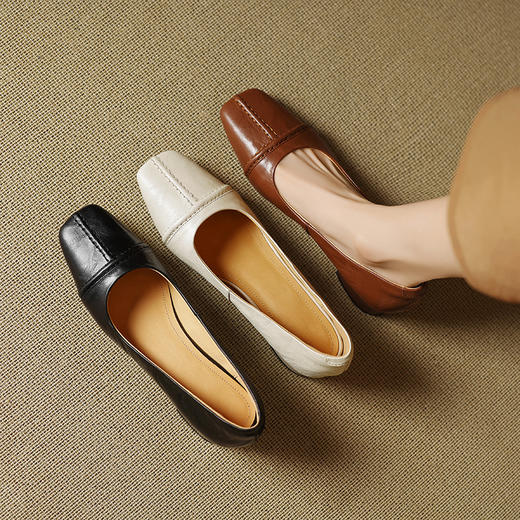 头层牛皮手抓纹一脚蹬粗跟，低跟法式小皮鞋女时尚方头大码单鞋HY-7032 商品图0