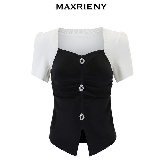 MAXRIENY2024夏季气质显瘦黑色复古法式小众收腰方领毛针织衫(货号:MS85SW049) 商品图4