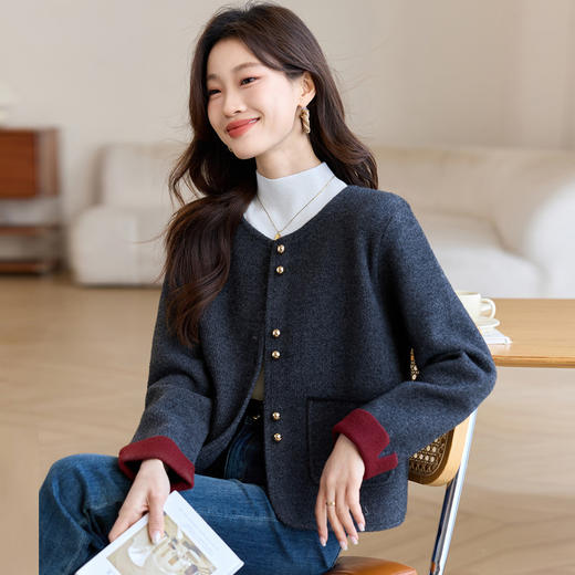 小香风圆领针织开衫，休闲宽松圆领撞色毛衣妈妈外套CC- ML-2526 商品图0