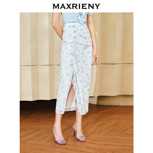 MAXRIENY浪漫感荷叶边开衩半裙雪纺印花半身裙子(货号:MS85SK011) 商品图1