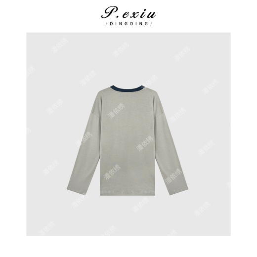 03-4潘依绣丁丁宠粉PanYiXiu/潘依绣韩系休闲减龄印花撞色领边长袖T恤 SH1609 商品图2