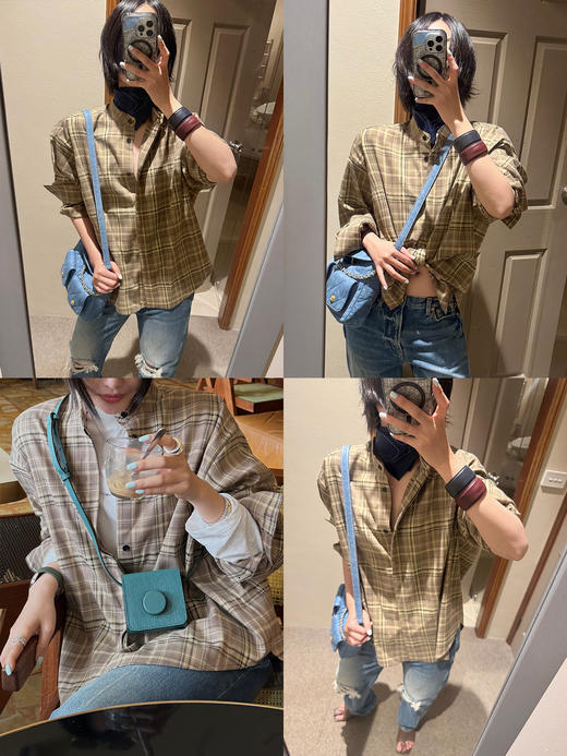 HIDEMI饼干色色织格纹小立领圆领廓形宽松衬衫 商品图1