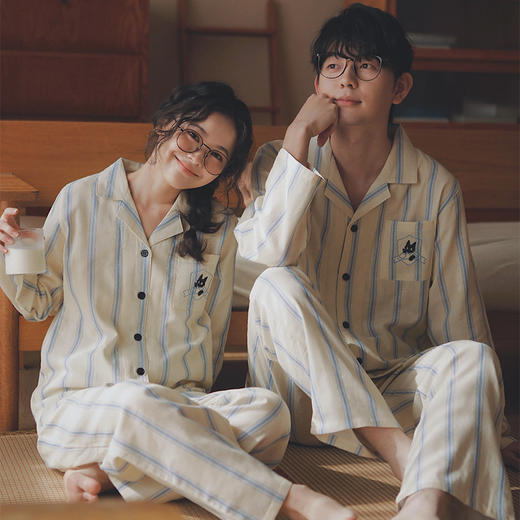 【全棉双层纱】2025新款野兽家同款刺绣猫咪居服纯棉纱布情侣睡衣套装全棉可外穿春秋季男女款 商品图3