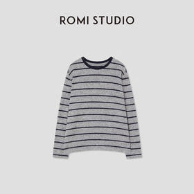ROMI STUDIO“复古松弛”蓝灰条纹磨毛绒感圆领长袖T恤 RWCSS41511