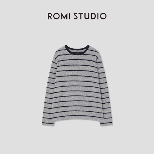 ROMI STUDIO“复古松弛”蓝灰条纹磨毛绒感圆领长袖T恤 RWCSS41511 商品图0