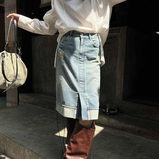 顺丰包邮洛诗琳02648设计感美式复古水洗割破牛仔半身裙女723 商品图1