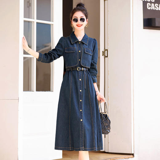牛仔长袖连衣裙女秋季2024新款高级感法式气质收腰衬衫长裙YF9522 商品图3
