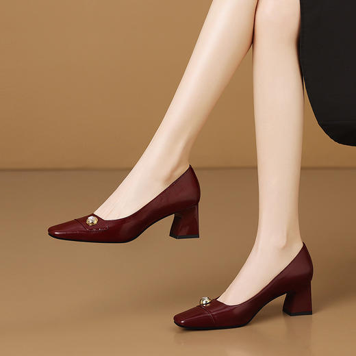 法式方头浅口单鞋，真皮漆皮气质通勤职业工作粗高跟鞋子HY-H3620 商品图3