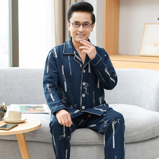 【加厚空气棉，舒适宽松设计~】睡衣男秋冬季纯棉长袖 中老年爸爸夹棉夹层 加厚空气棉宽松家居服套装-QQ 商品图1