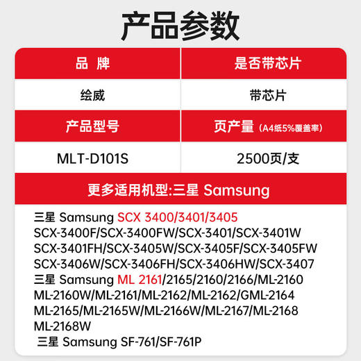 绘威MLT-D101S硒鼓 适用三星SCX-3401 3400 3405 3406粉盒ML-2161 2162 2164 2165打印机硒鼓 易加粉 中文版 商品图2