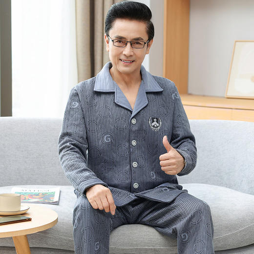【加厚空气棉，舒适宽松设计~】睡衣男秋冬季纯棉长袖 中老年爸爸夹棉夹层 加厚空气棉宽松家居服套装-QQ 商品图4