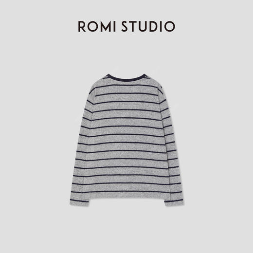 ROMI STUDIO“复古松弛”蓝灰条纹磨毛绒感圆领长袖T恤 RWCSS41511 商品图1