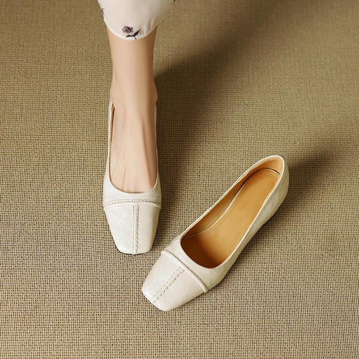 头层牛皮手抓纹一脚蹬粗跟，低跟法式小皮鞋女时尚方头大码单鞋HY-7032 商品图2