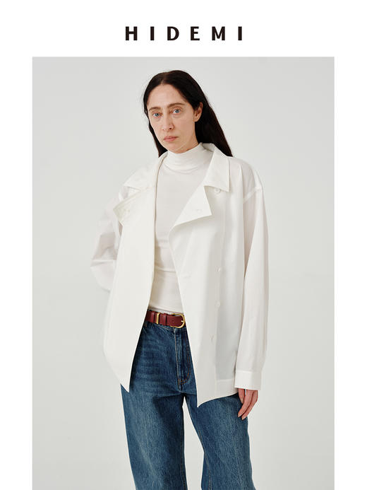 HIDEMI【当当同款】甄选长绒棉不易皱白色极简设计感不对称大翻领外套式衬衫 商品图9