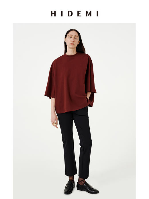 HIDEMI极简大廓形进口棉纱线慵懒八分袖T恤 商品图9