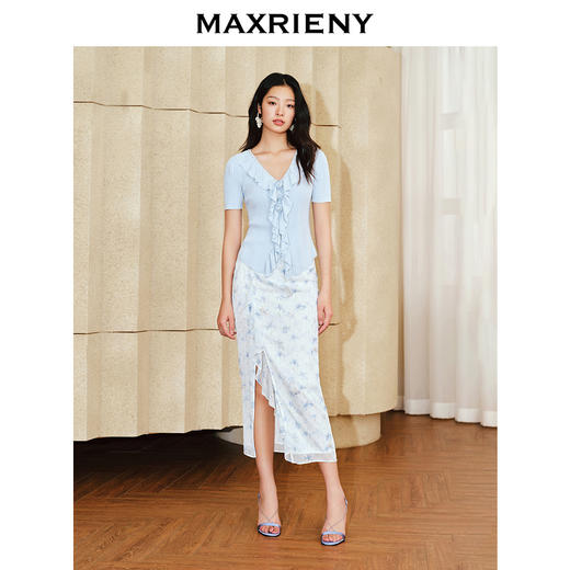 MAXRIENY浪漫感荷叶边开衩半裙雪纺印花半身裙子(货号:MS85SK011) 商品图2