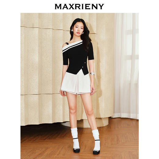 MAXRIENY精致复古感高腰a字裤裙气质春季新品米白直筒短裤(货号:MS85PA015) 商品图0