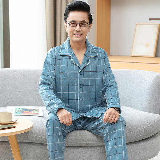 【加厚空气棉，舒适宽松设计~】睡衣男秋冬季纯棉长袖 中老年爸爸夹棉夹层 加厚空气棉宽松家居服套装-QQ 商品图6