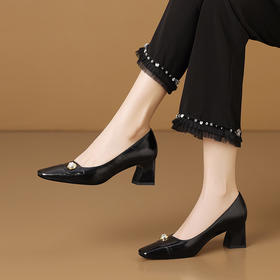 法式方头浅口单鞋，真皮漆皮气质通勤职业工作粗高跟鞋子HY-H3620