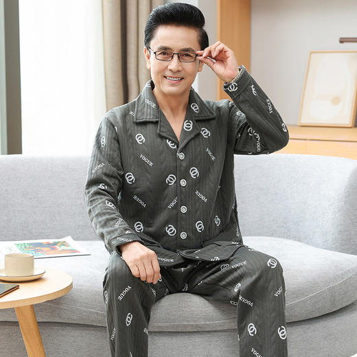 【加厚空气棉，舒适宽松设计~】睡衣男秋冬季纯棉长袖 中老年爸爸夹棉夹层 加厚空气棉宽松家居服套装-QQ 商品图0