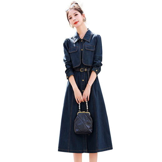 牛仔长袖连衣裙女秋季2024新款高级感法式气质收腰衬衫长裙YF9522 商品图4