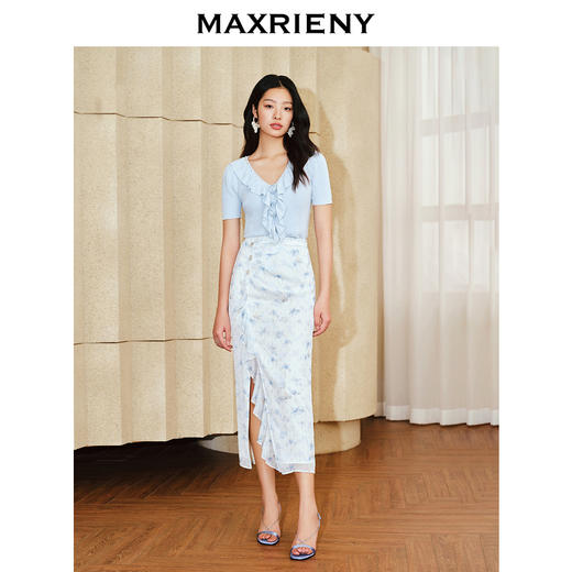 MAXRIENY浪漫感荷叶边开衩半裙雪纺印花半身裙子(货号:MS85SK011) 商品图0