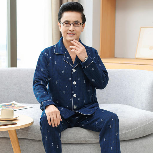 【加厚空气棉，舒适宽松设计~】睡衣男秋冬季纯棉长袖 中老年爸爸夹棉夹层 加厚空气棉宽松家居服套装-QQ 商品图5