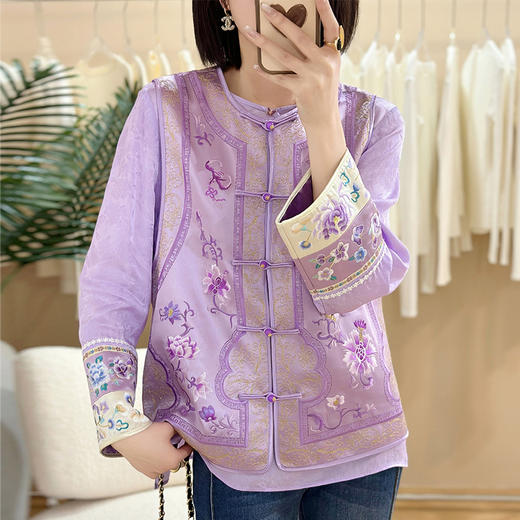 KDS-2614紫色新中式女士圆领小众气质衬衣复古提花超好看国风唐装上衣 商品图0