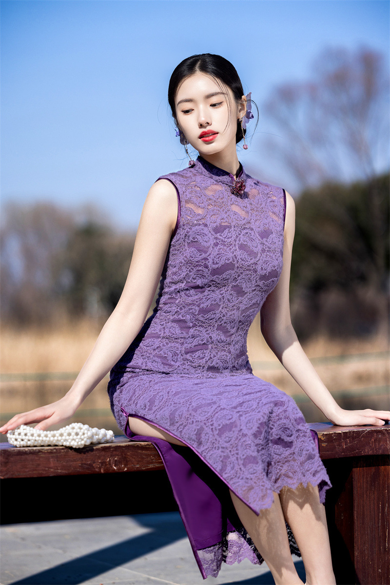 syk375012 现代时尚改良新中式长款蕾丝无袖旗袍2025春新款年轻女士