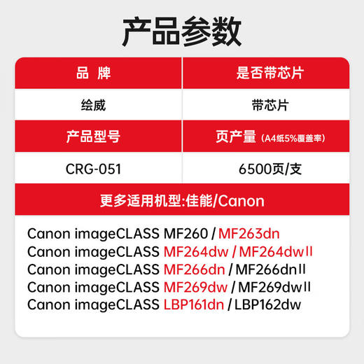 绘威适用佳能MF269dw mf264dw硒鼓CRG-051粉盒Canon mf264dwii MF263dn MF266dn LBP161dn mf264dwⅡ打印机墨粉盒 商品图2
