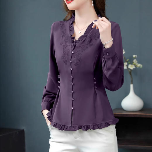 SMZ34308刺绣长袖V领花边衬衫2025春季新款高级感气质遮肚收腰显瘦上衣潮 商品图1