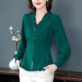 SMZ34308刺绣长袖V领花边衬衫2025春季新款高级感气质遮肚收腰显瘦上衣潮
