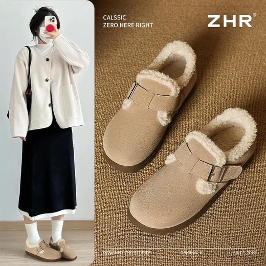 ZHR则则加绒真皮勃肯鞋女2024冬季新款毛毛鞋平底保暖加厚棉鞋女 商品图0