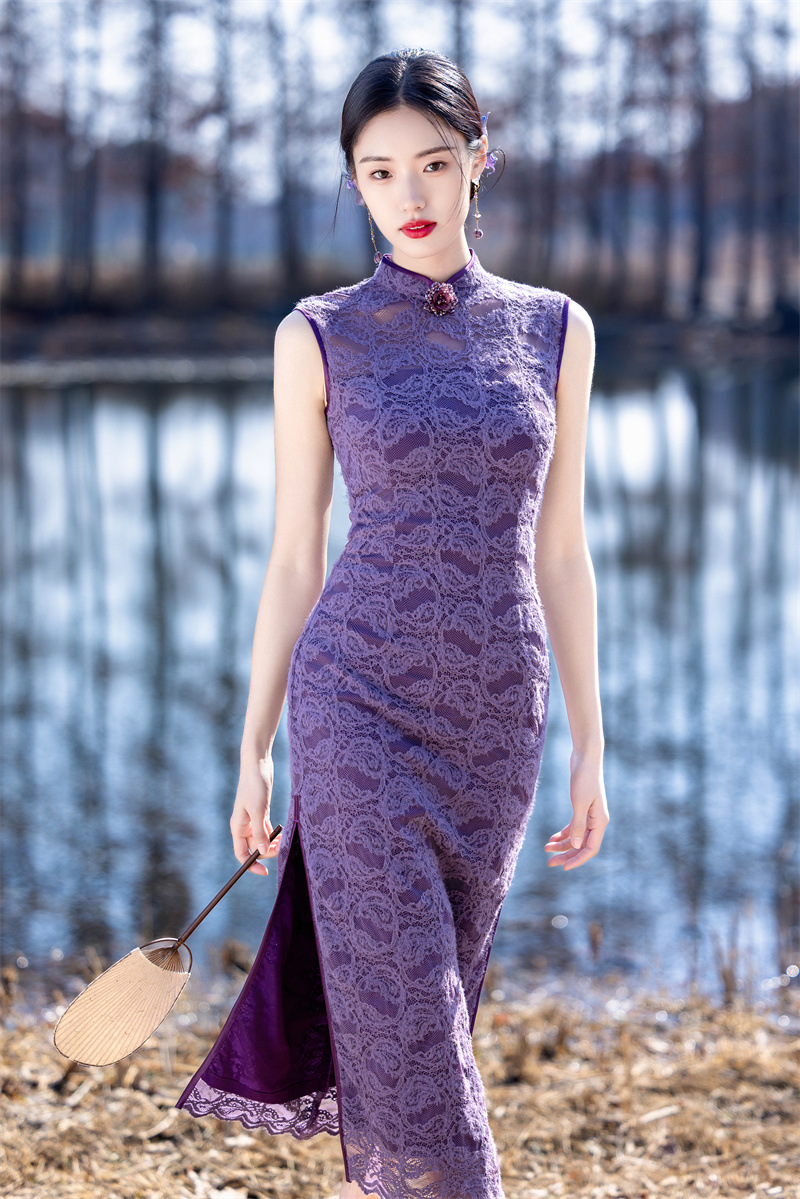 syk375012 现代时尚改良新中式长款蕾丝无袖旗袍2025春新款年轻女士