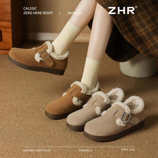 ZHR则则加绒真皮勃肯鞋女2024冬季新款毛毛鞋平底保暖加厚棉鞋女 商品图1