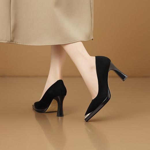 【预售5天】粗跟方形跟包头绒面纯色高跟鞋女通勤工作鞋尖头防踢铁头单鞋HY&H3638 商品图4