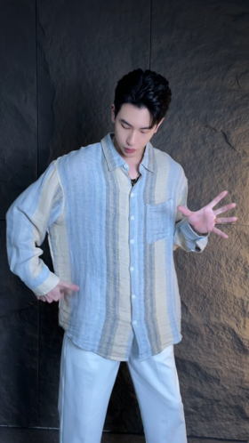 CS176新款复古肌理感撞色条纹小众设计感休闲时尚宽松长袖衬衫