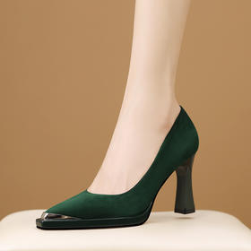 【预售5天】粗跟方形跟包头绒面纯色高跟鞋女通勤工作鞋尖头防踢铁头单鞋HY&H3638