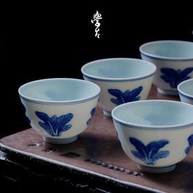 学古|青花百财杯 手工仿明代万历器型景德镇瓷茶杯 6只礼盒装40ml