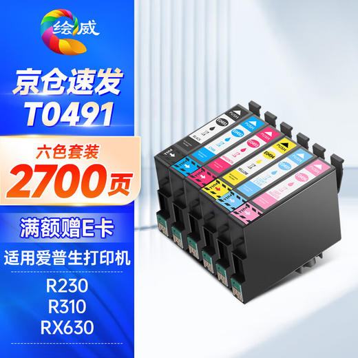 绘威T0491墨盒 适用爱普生R230 R210 R310 R350 RX510 630 650 epson Stylus Photo打印机墨盒 墨水 六色套装 商品图0