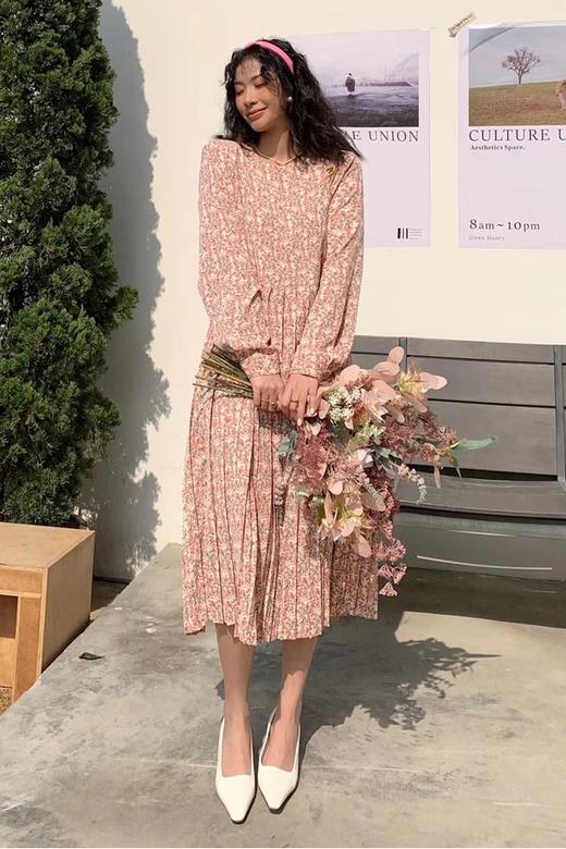 L.Fleuri 粉底碎花压褶连衣裙 11744 商品图0