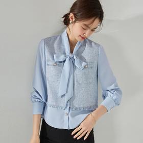 丁摩 高品质春季法式V领小香风长袖衬衫拼接假两件通勤雪纺飘带女上衣5ZF-15571