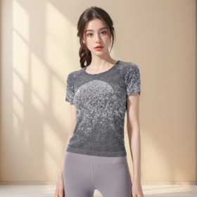 跃牌【美西西系列】无缝短袖T恤夏季圆领提花显瘦训练健身LULU瑜伽跑步运动上衣6209