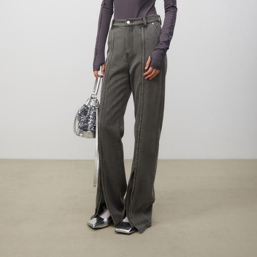 lost in echo2025春夏新款时尚裤腿拉链分割直筒休闲修身牛仔裤女 商品图0