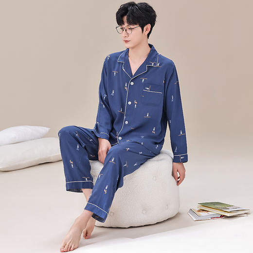 【春夏季男睡衣】人造棉男士睡衣春夏季新款长袖长裤套装棉绸家居服休闲开衫睡衣。ry 商品图1