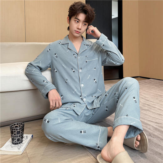 【舒适柔软！慵懒居家】新款春秋季男士长袖翻领睡衣开衫云朵棉夏季家居服加大码休闲套装。ry 商品图12