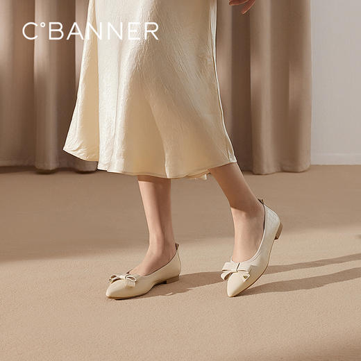 千百度低跟蝴蝶结真皮浅口单鞋女款小香风晚晚平底鞋A25181315 商品图0